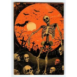 Vintage Halloween Skeleton Graveyard Postcard Orange Full Moon